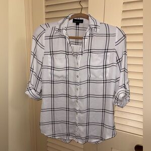 Button-Up Black and White Checkered Business Casual Blouse